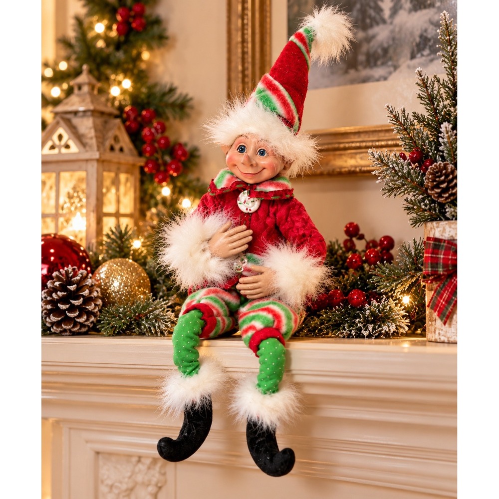 Rollins Shelf Sitter Elf 18in Red Green Quilted Striped Christmas 2016 Decor